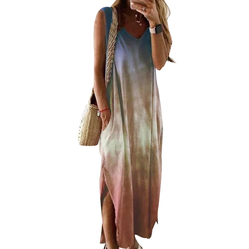 

New Fashion Summer Bohemian Dress Ladies Casual Slit Long Dress Tie Dye Maxi Dresses for Women, Shown