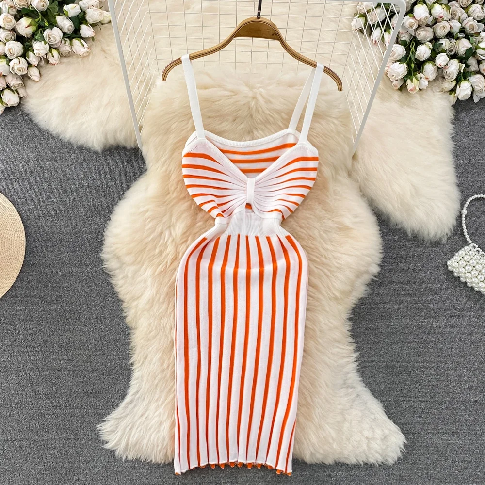 

Bow Tie Sheath Waistless Backless Sleeveless a-line Knit Striped Halter Dresses