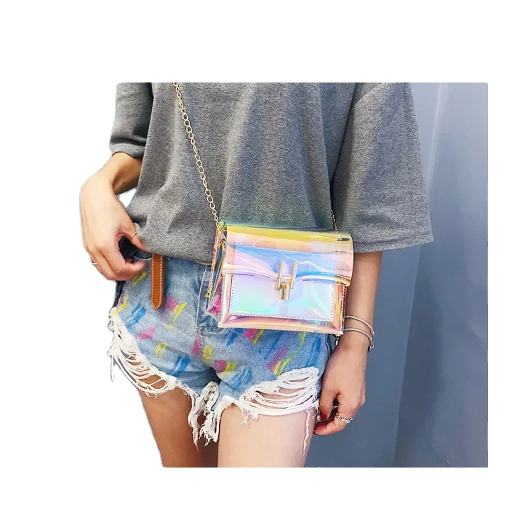 

New Korean laser transparent girl chain shoulder bag Messenger bag, Blue, pink, sliver