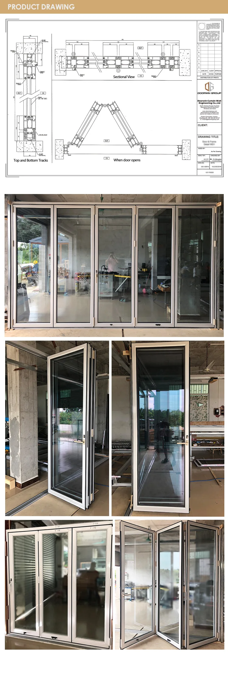 Popular black aluminum frame foldable door panel large glass wall and bi folding doors