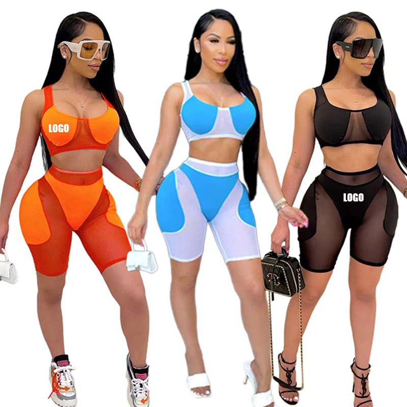 

Free Shipping New Design Solid booty Mesh Short Pants Outfits Two Piece Shorts Set Women Clothing Summer Biker Short 2 Piece Set, Color avaliable