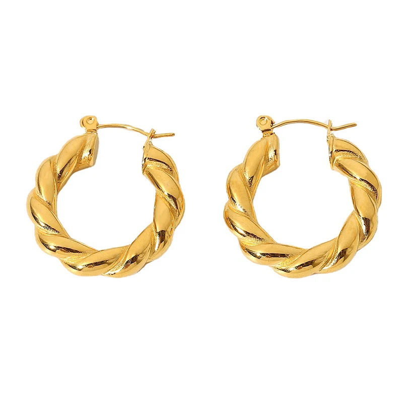 

18k Gold-plated Stainless Steel Classic Metal Thick Twisted Circle Ear Buckle Women Fashion Hoops Party Wedding Jewelry, Gold color