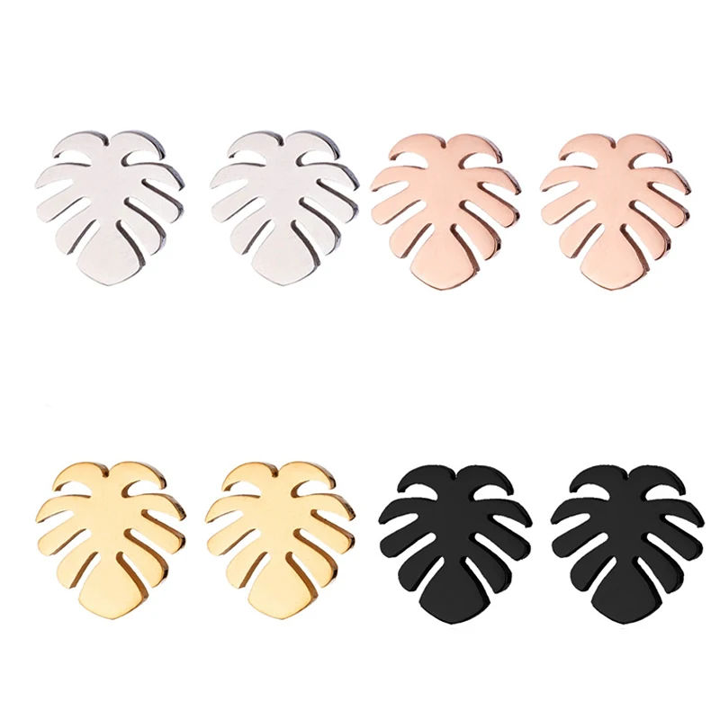 

Fashion 18K Gold Silver Plated Stainless Steel Small Monstera Palm Leaf Women Stud Earrings Jewelry