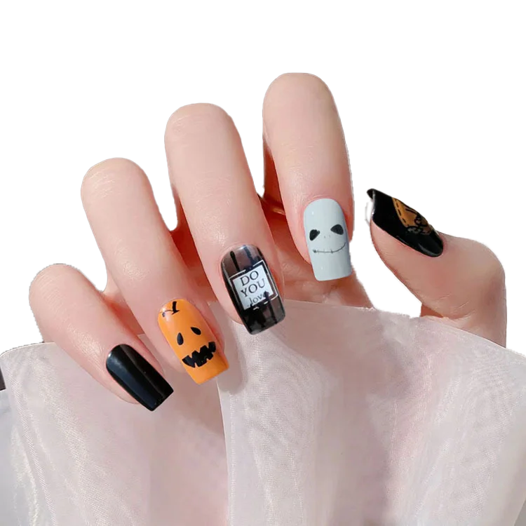 

Funny Ghost Pumpkin Artificial Fingernails For Women Soft Gel Nail Tips Accept Custom And Your Logo Press on Nail Packing Box, Colorful