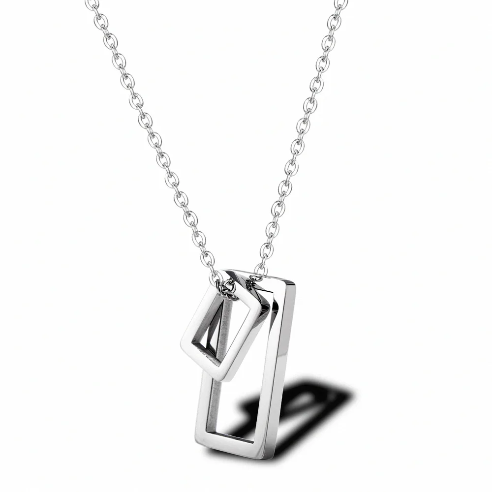 

2020 High Polished Cool Travelling Stainless Titanium Steel Geometric Figure Double Rectangle Shape Pendant Jewelry Necklace, Silver