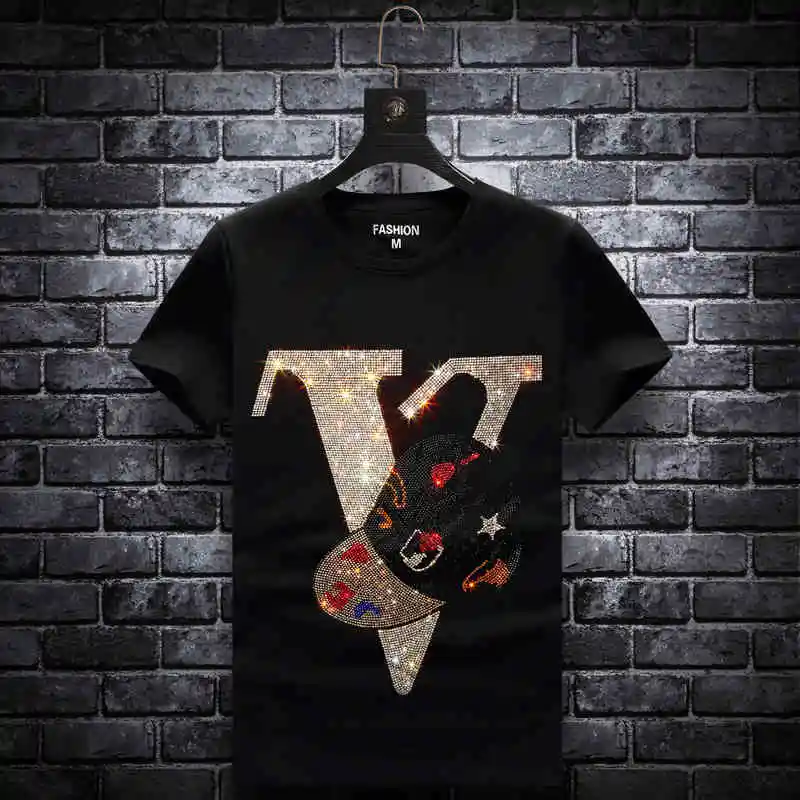 Custom Black Cotton Rhinestone Sequin Short Sleeve T Shirt For Men