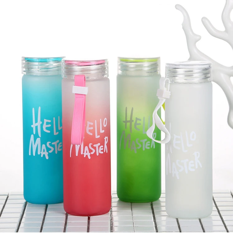 

420ml Frosted Portable Wide Mouth Colorful Reusable Glass Drinking Water Bottle With Plastic Cap, Customized color accept