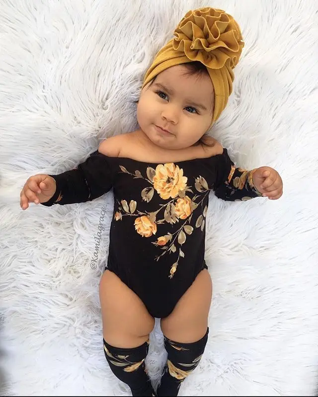 

1058 Newborn Baby Girls Bodysuits Infant Off Shoulder Long Sleeve Flower Rompers Jumpsuits Summer Leg Warmers Outfits Clothes