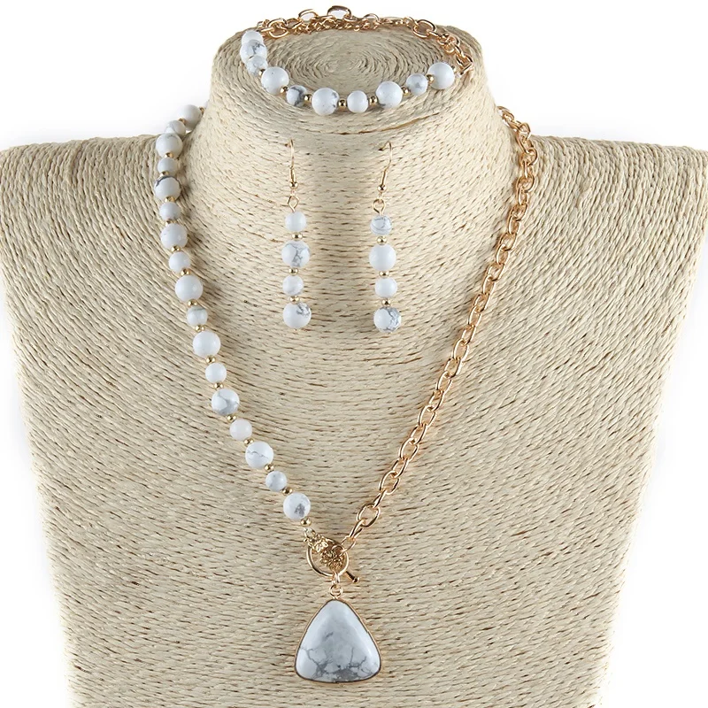 

Fashion Bohemian Jewelry Set 8&6 mm Natural Stones Alloy Chain Necklace Triangle Star Pendant Necklace Bracelet Earring Sets
