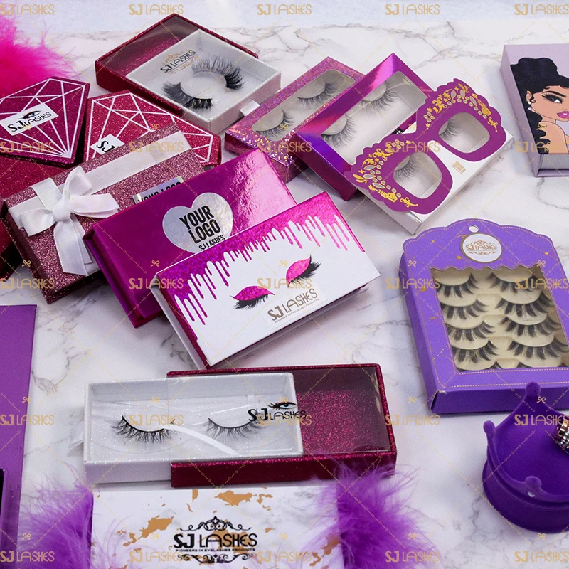 

Purple Colorful FREE Private Label Lash Packaging Box 3D Mink Lash Clear Band Cruelty free Lashes, Natural black mink eyelash