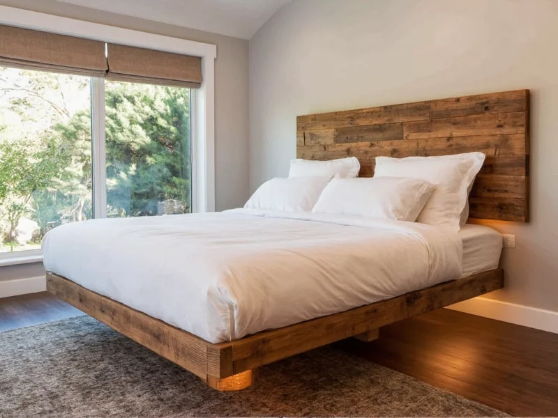 DIY floating bed frame with under-bed LED lighting and reclaimed wood finish