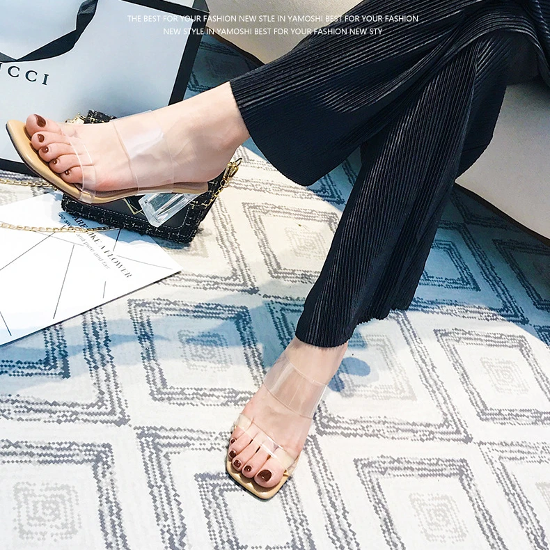 

2021 New Single Straps Chunky Heeled Clear Slippers for Women Wear Slippers