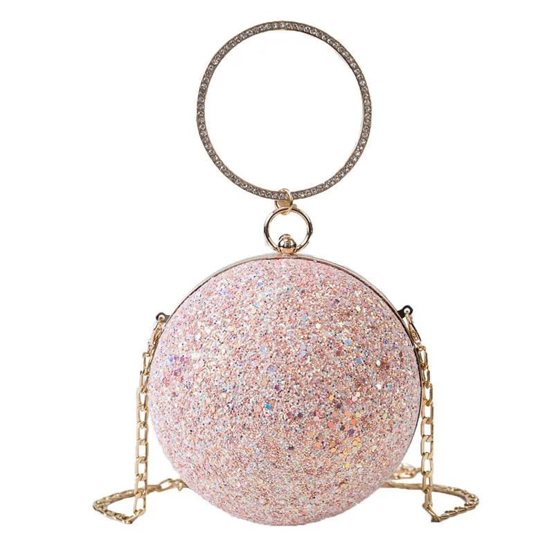 

2020 Fashion designer high quality party premium sequin clutch purse round ball purse handbag with chain