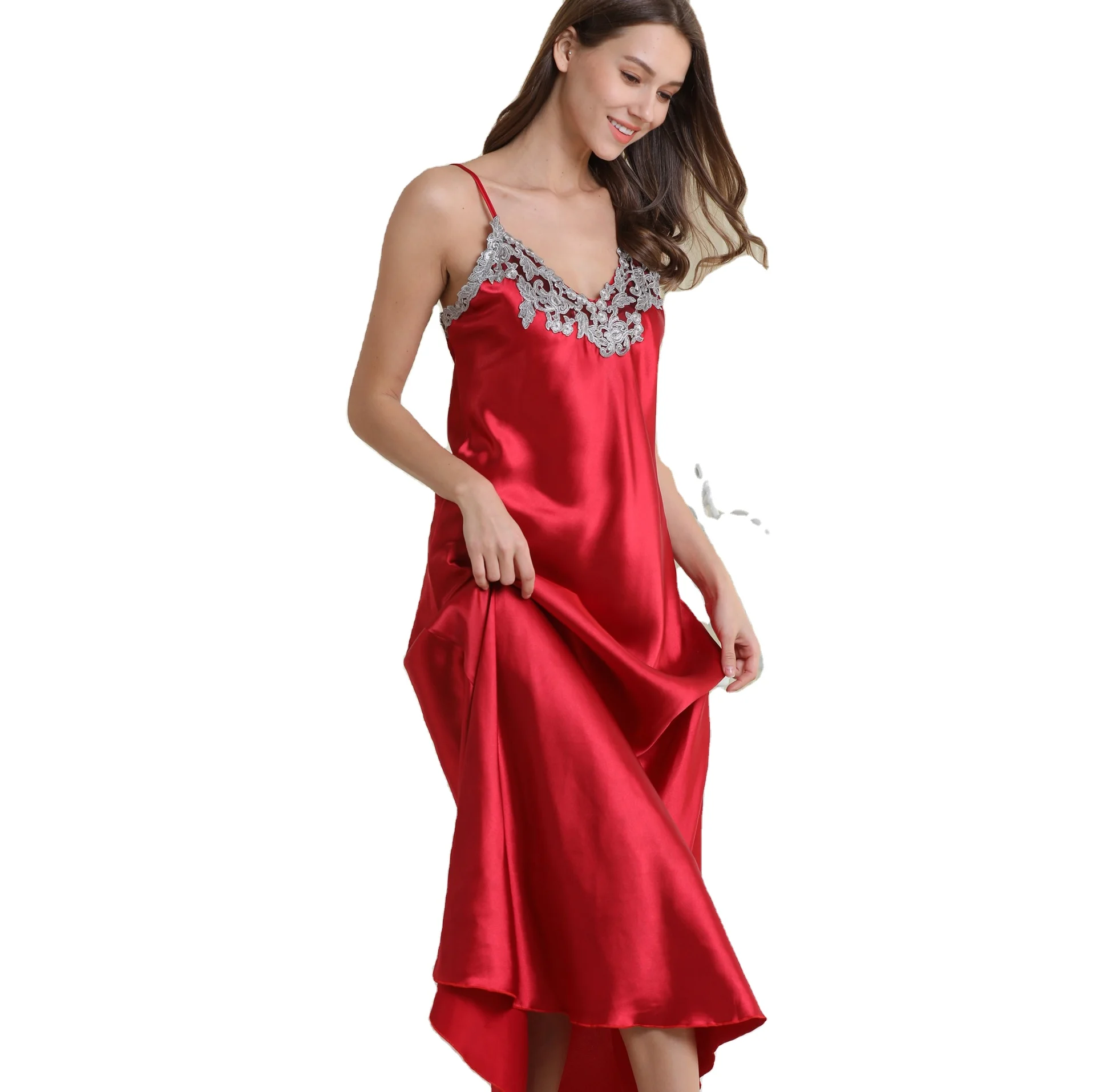 

New Designer Long Women's Luxury Floral Embroidery Night Dress Silk Satin Nightdress Nightgowns Sexy Nightwear