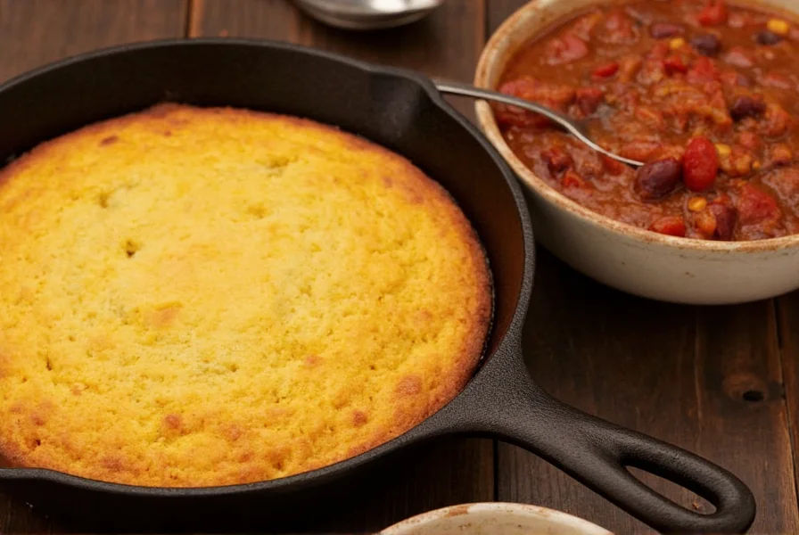 Traditional cast iron skillet with golden cornbread next to a bowl of steaming chili