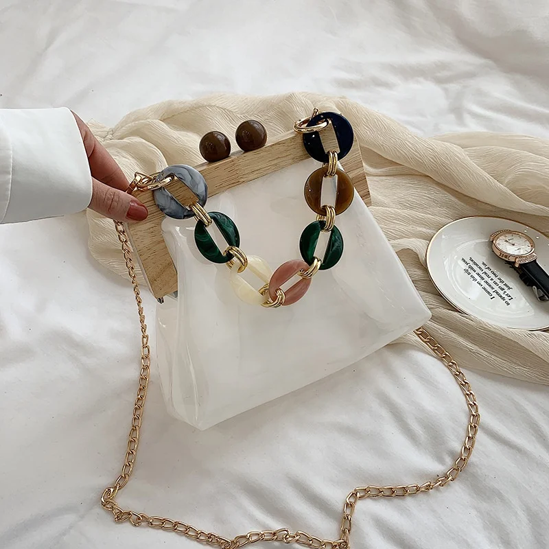 

small fashionable Acrylic Chain Handle Bucket bag Wooden Clip Crossbody Bags women acrylic handbags, Customizable