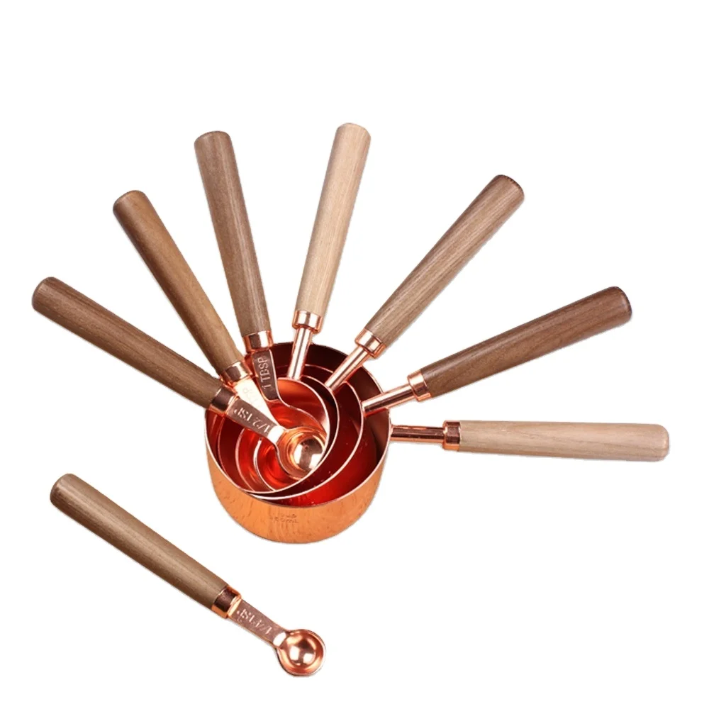 

pack of 8 walnut wood handle with stainless steel covered 8 times cup spoon with walnut measuring spoon, Natural