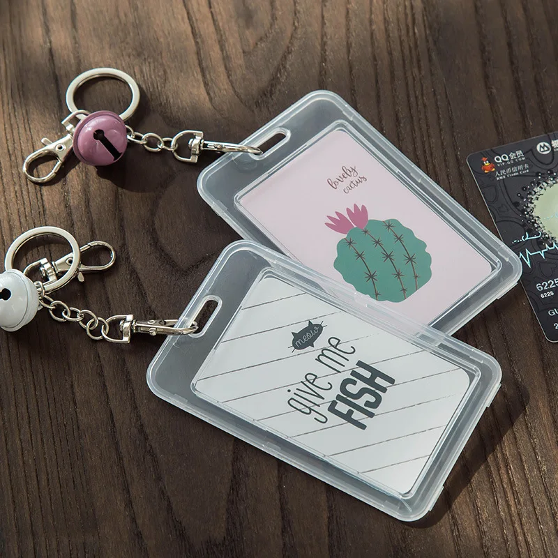 

female creative cartoon cute lunch card clip Double sided transparent bus card case with Bell key chain, As show