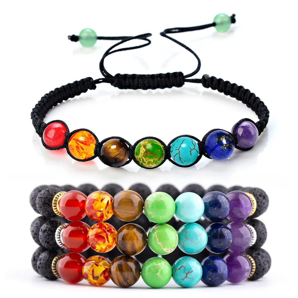 

PAVA 7 chakra bracelets natural stone woven Bracelet 8mm Beaded nylon cord Braided Bracelet