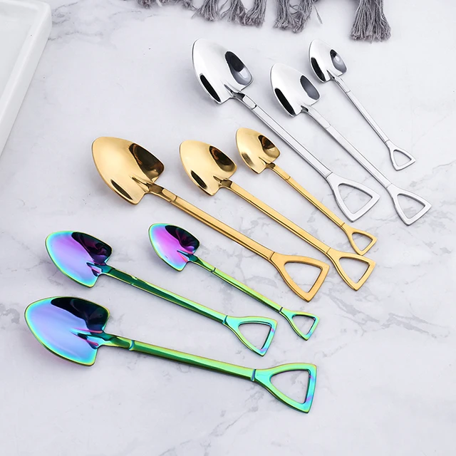 

Cheap creative cute flat tip spade spoon dessert cake ice cream watermelon spoon, Silver/gold