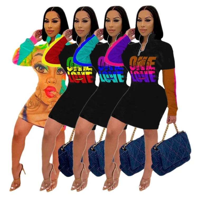 

Spring Plus Size Fashion Letter Printing Graffiti Stitching Casual Dress