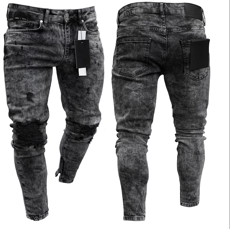 

2021 Vaquero Slim Fit Solid Biker Denim Trousers Calca Baggy Pantalon Homme Black Ripped Men's Plus Size Jeans