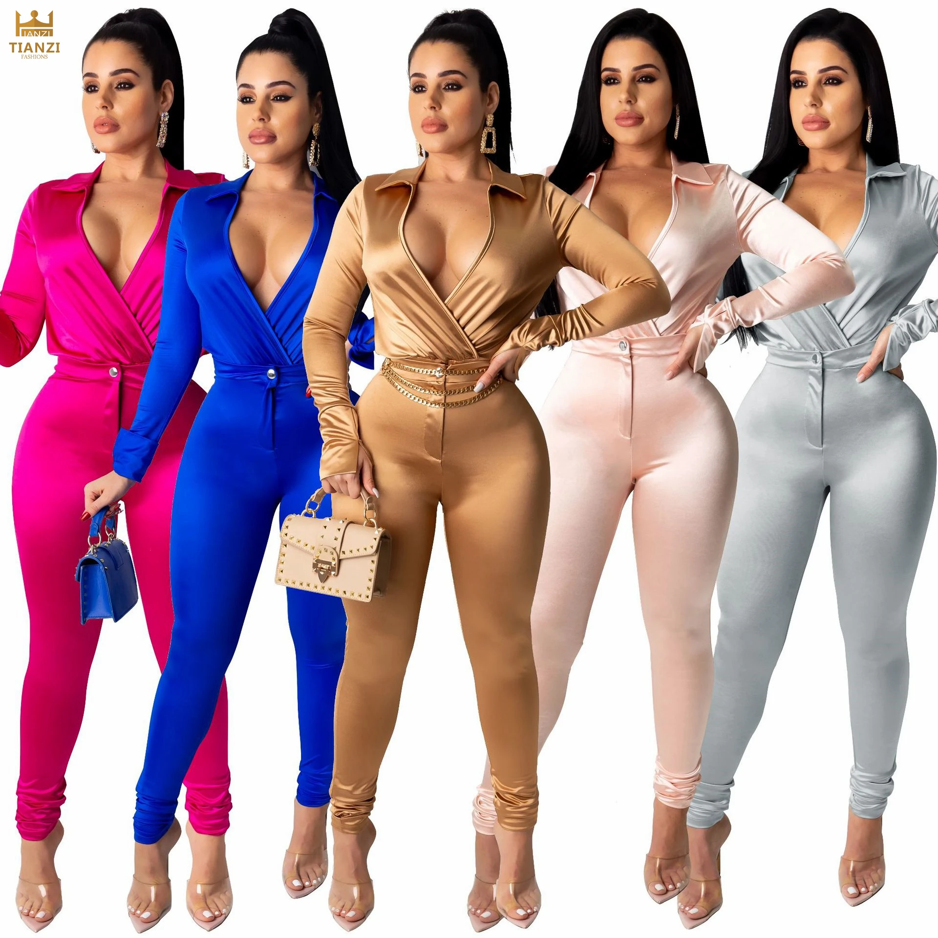 

O4841 bodysuit and pants long sleeve silk fashion women two piece set