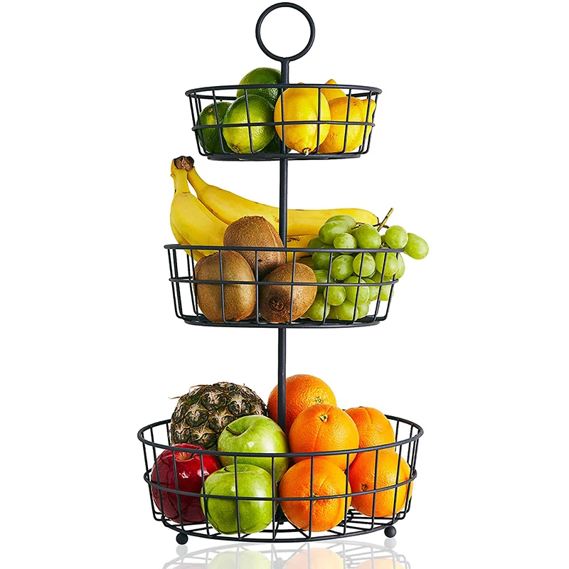 

multifunctional modern countertop iron decorative floor stand steel metal wire steel 3 tier hanging fruit Vegetable basket, Customized color