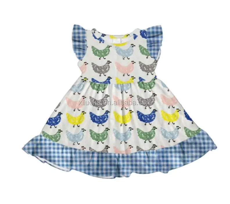 

Flutter Sleeve Girl Boutique Clothes Summer Chicken Print Kids Ruffle Dresses, Picture