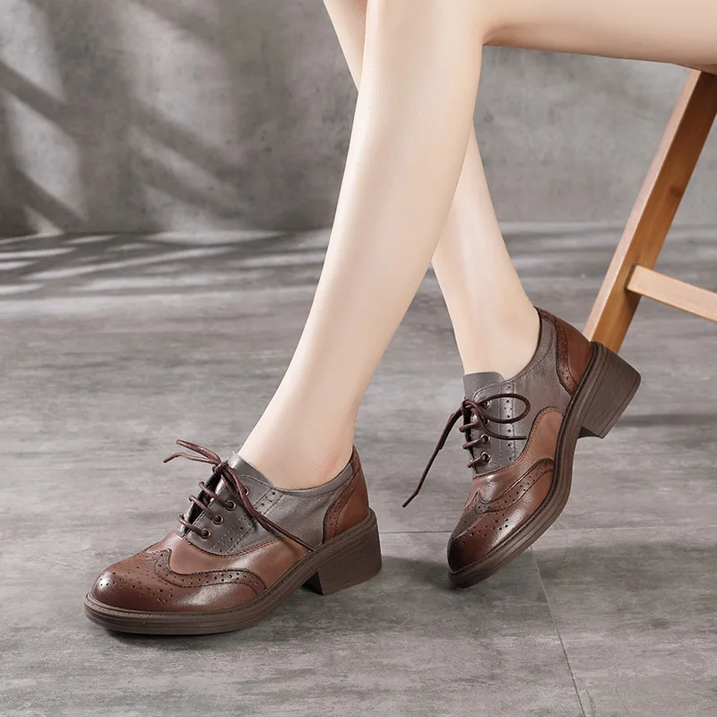 

Genuine Leather Women Shoes Bullock Oxford Women's Shoes Square High Heel Pumps Cow Leather Ladies Shoes 89611