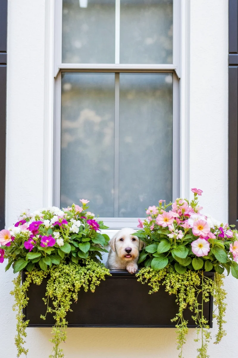 Sleek black window box with neatly trimmed boxwood plants