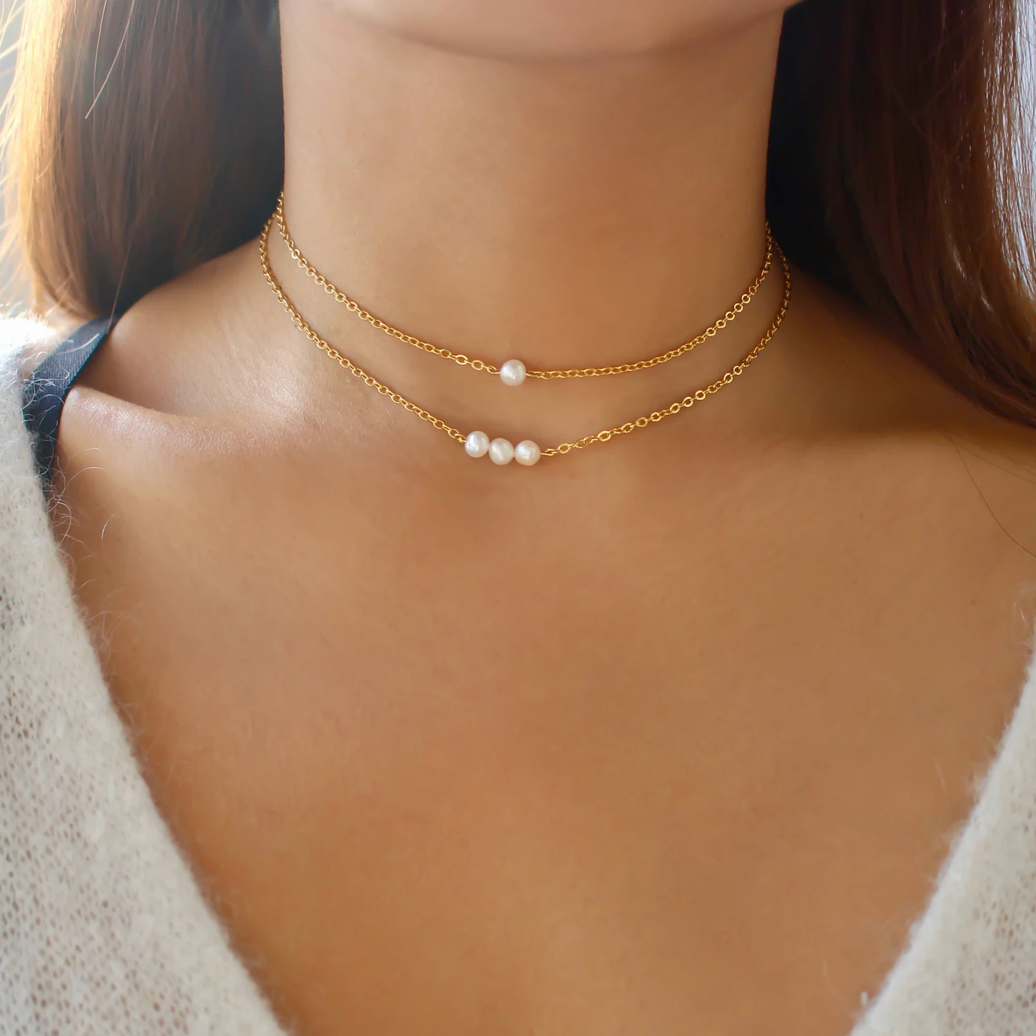 

Dainty Tiny 18k Gold Filled Dipped Freshwater Pearl Choker Necklace for Women Ladies Birthstone Necklace