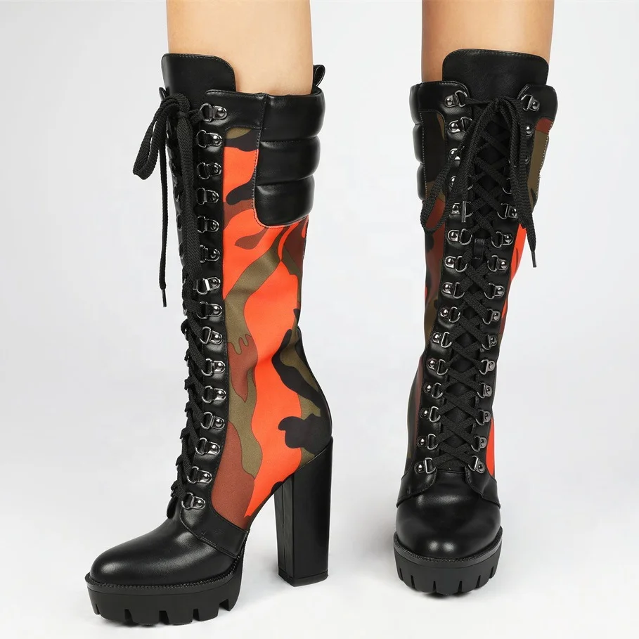 

Fashion Trend Front Lace up Camouflage Big Size Platform Women Half Knee High Boots Chunky Heel Booty Cool Girls Mid-calf Boots, Black,plaid,camouflage