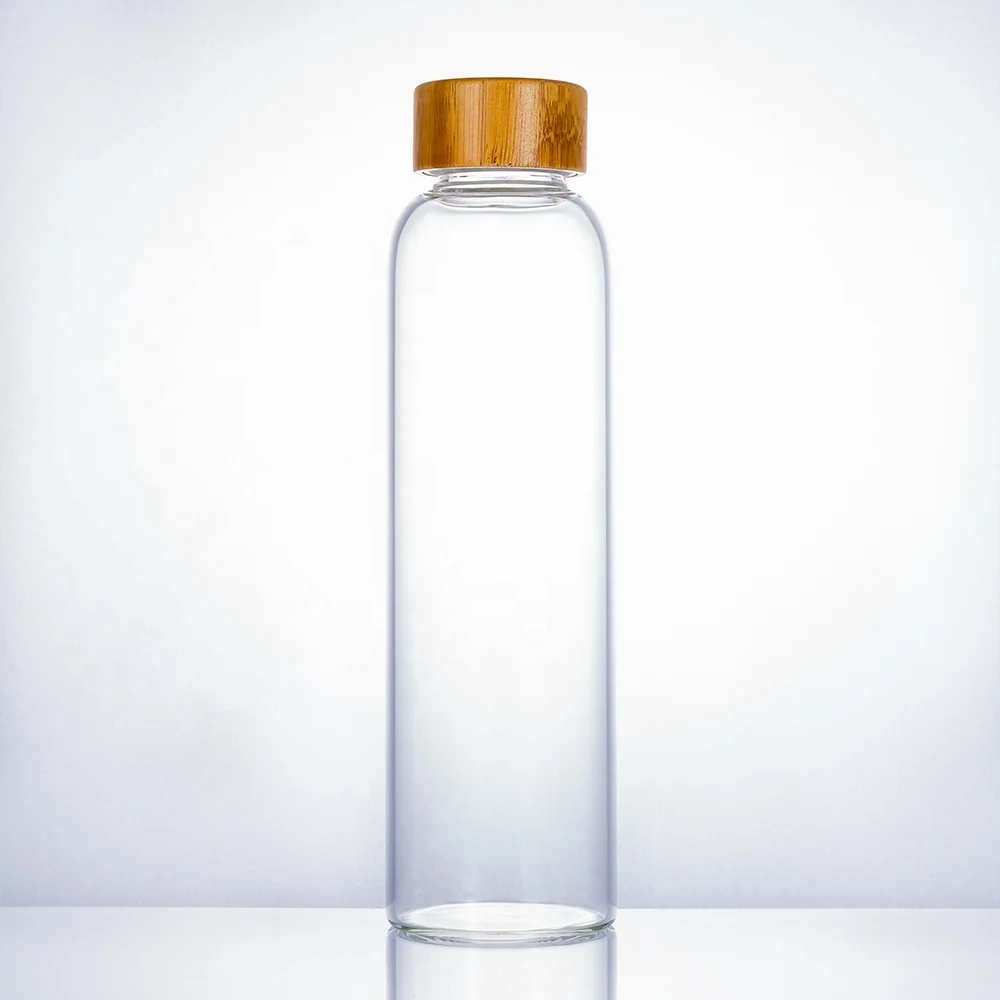

Wholesale clear round 550ml 750ml 1000ml bamboo lid borosilicate glass water bottle with custom logo printed time marker, Transparent