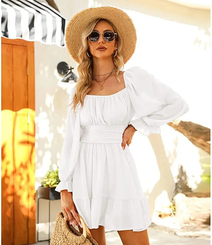 

2021 Lady Summer Bow Backless Shorts Puff Sleeve Cotton Polyester Pleats Women Dress