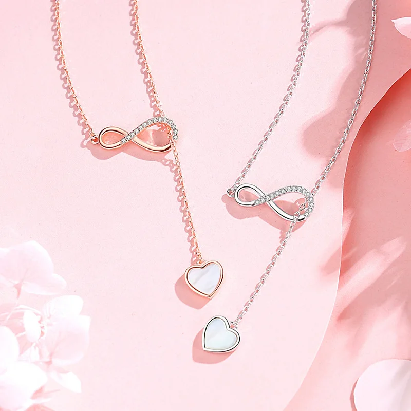 

Punk Rose Gold Plated Silver Infinity Symbol Necklace Bling CZ Shell Heart Pendant Necklace For Women