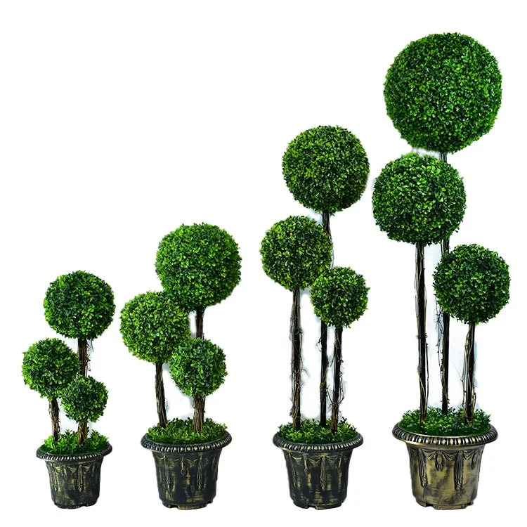 Set Of 2 Artificial Topiary Ball Trees - 23.6" Height, UV Resistant, With Ground Spike (Autumn Yellow)