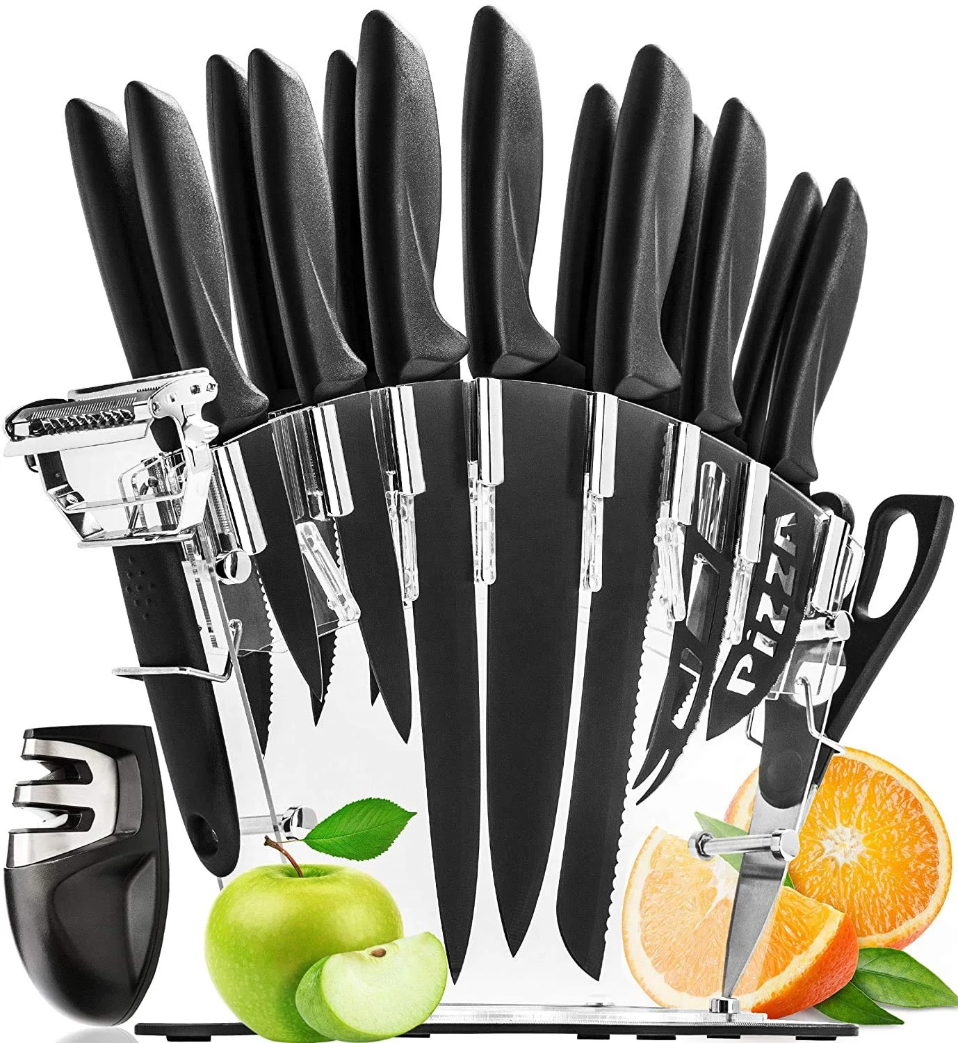 

Justa 17 Piece Stainless Steel Kitchen Chef Knife Set with Block and Knife Sharpener, Black
