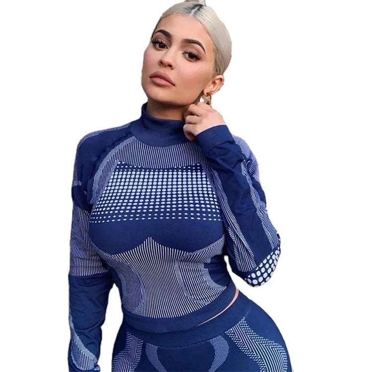 

HIgh quality New women's printed slim-fit long-sleeved bottom shirt yoga clothes set workout two piece yoga suit, Blue