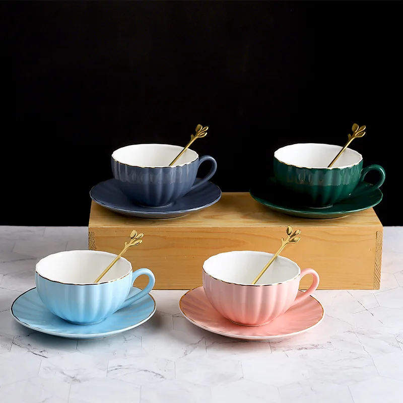 

Wholesale European Coffee Cup Oatmeal Cup Gold Rim Ceramic Cup And Saucer Set, Sky blue,blue,cyan,pink