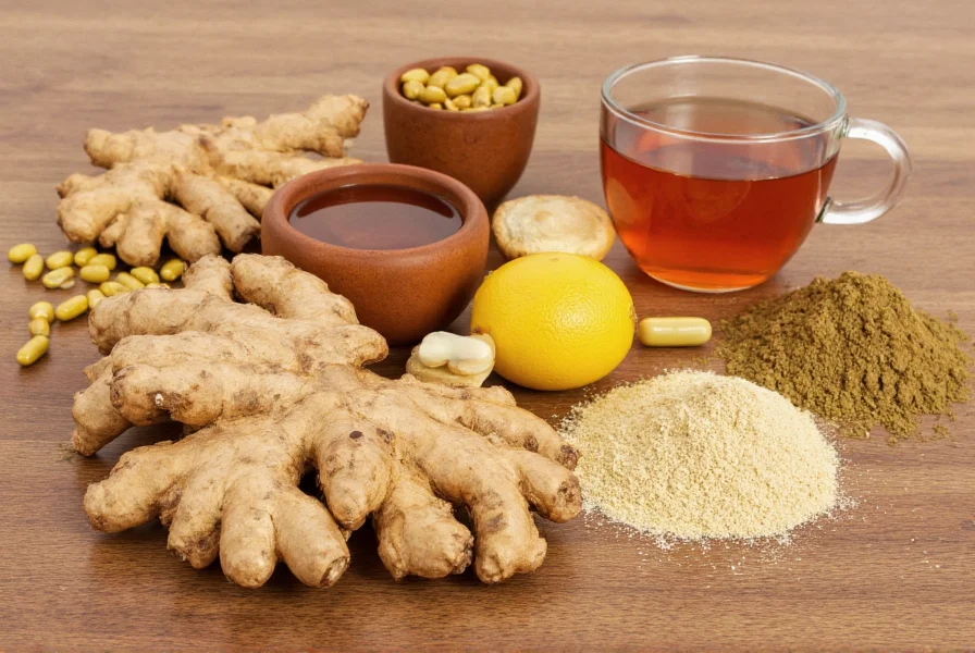Various ginger preparations including fresh root, tea, powder, and capsules arranged on wooden table
