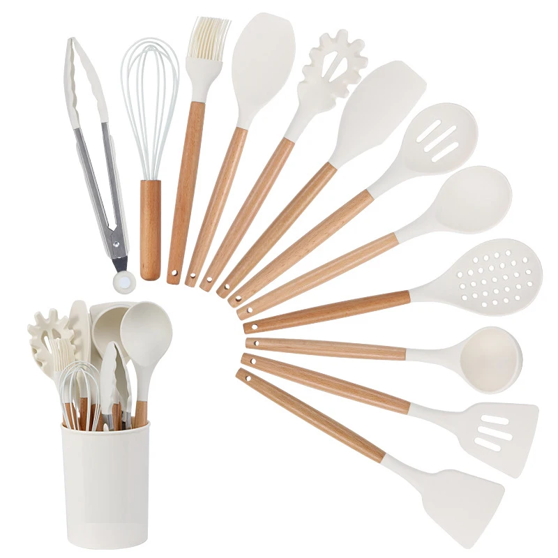 

Cheap Price Silicone 12 In 1 Kitchen Gadgets Home Cooking Accessories Full Set Baking Utensils Tool With Wooden Holder