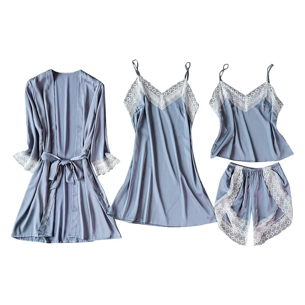

High quality new nightdress women's sexy underwear cheap Satin four piece sexy pajamas sleepwear wholesale