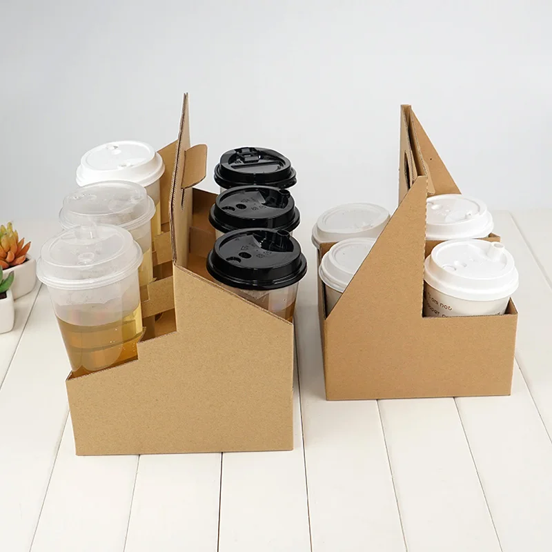 kraft paper cup holder 2/4/6 cup coffee milk tea takeout packaging box thickened paper plastic cup beverage tray