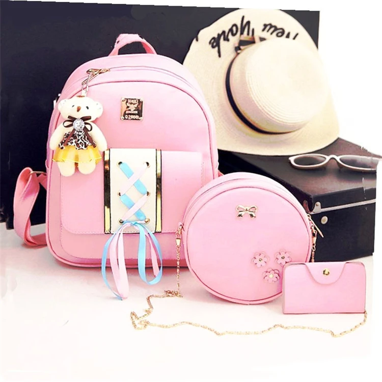 

2019 trending fashion young Girls PU leather school 3pcs pink backpack bag set for women, As pictures