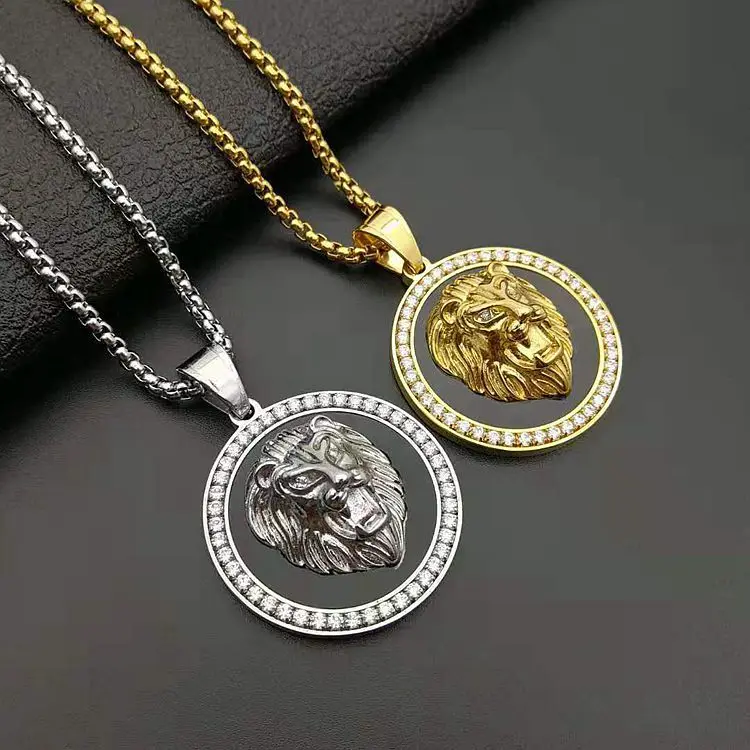 

New Fashion Hip Hops 316L Titanium Steel Lion Head Coin Pendant Gold Plated Crystal Paved Round Lion Head Necklace Pendant