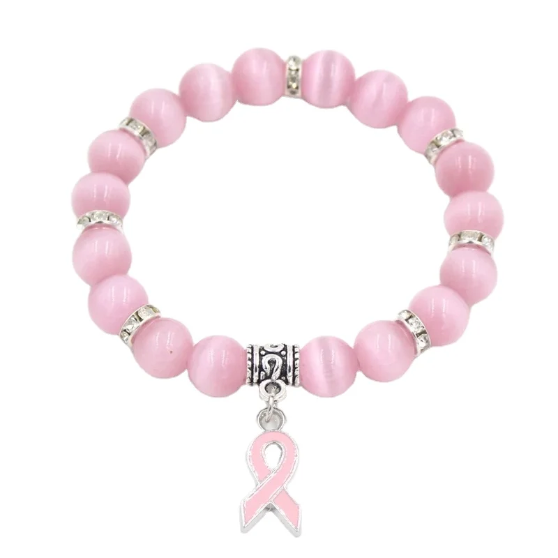 

New Arrival Breast Cancer Awareness Jewelry White Pink Opal Beaded Bracelet Breast Cancer Pink Ribbon Charm Bracelets&Bangles, Colorful