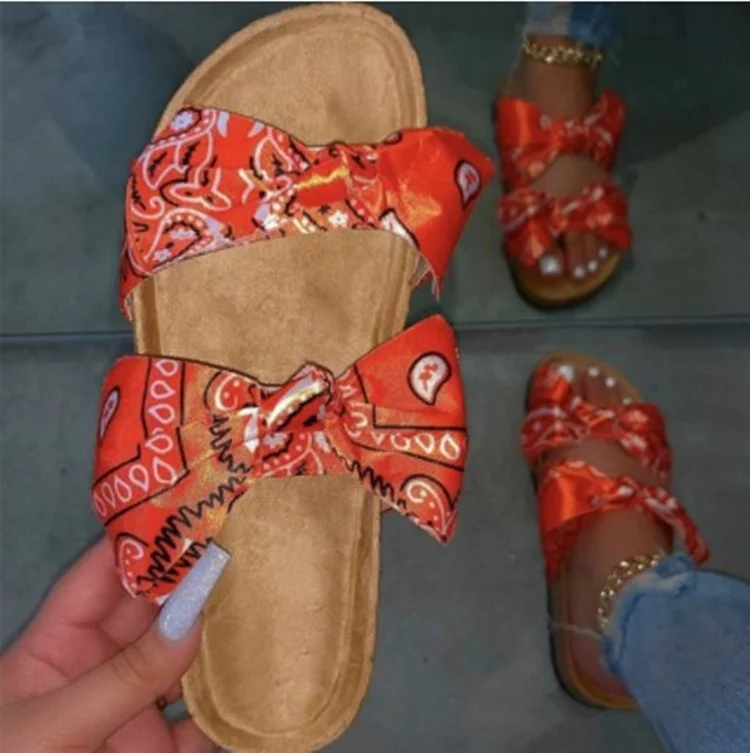 

Fashion hot sale ladies fancy flat sandals and slippers non slip thick sole outdoor slippers butterfly-knotted Flat Sole Sandals, 6 color options