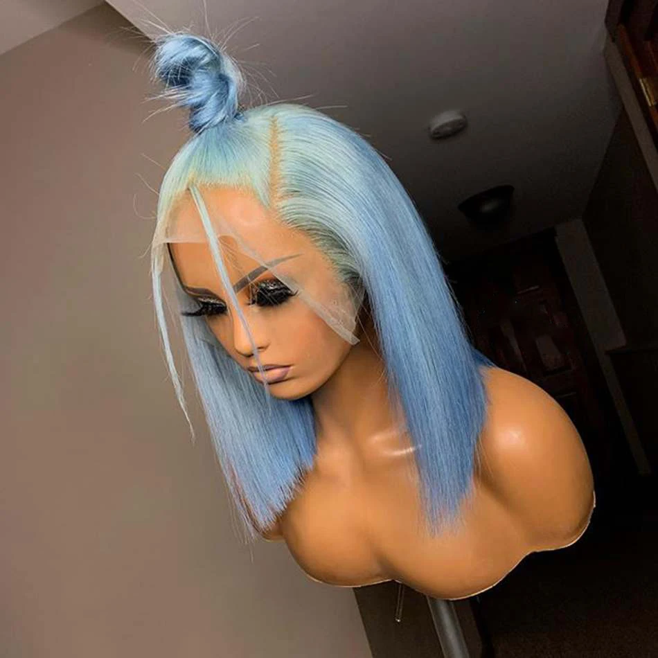 

Ombre Blue Bob Silky Straight Human Hair Pre Plucked Hairline Lace Front Wigs with Baby Hair 150Density Lace Front Bob Wigs