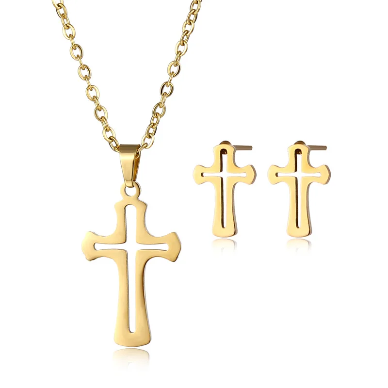 

cross necklace 2021 new women jewelry set real gold plated cross pendant necklace and earring, Like picture